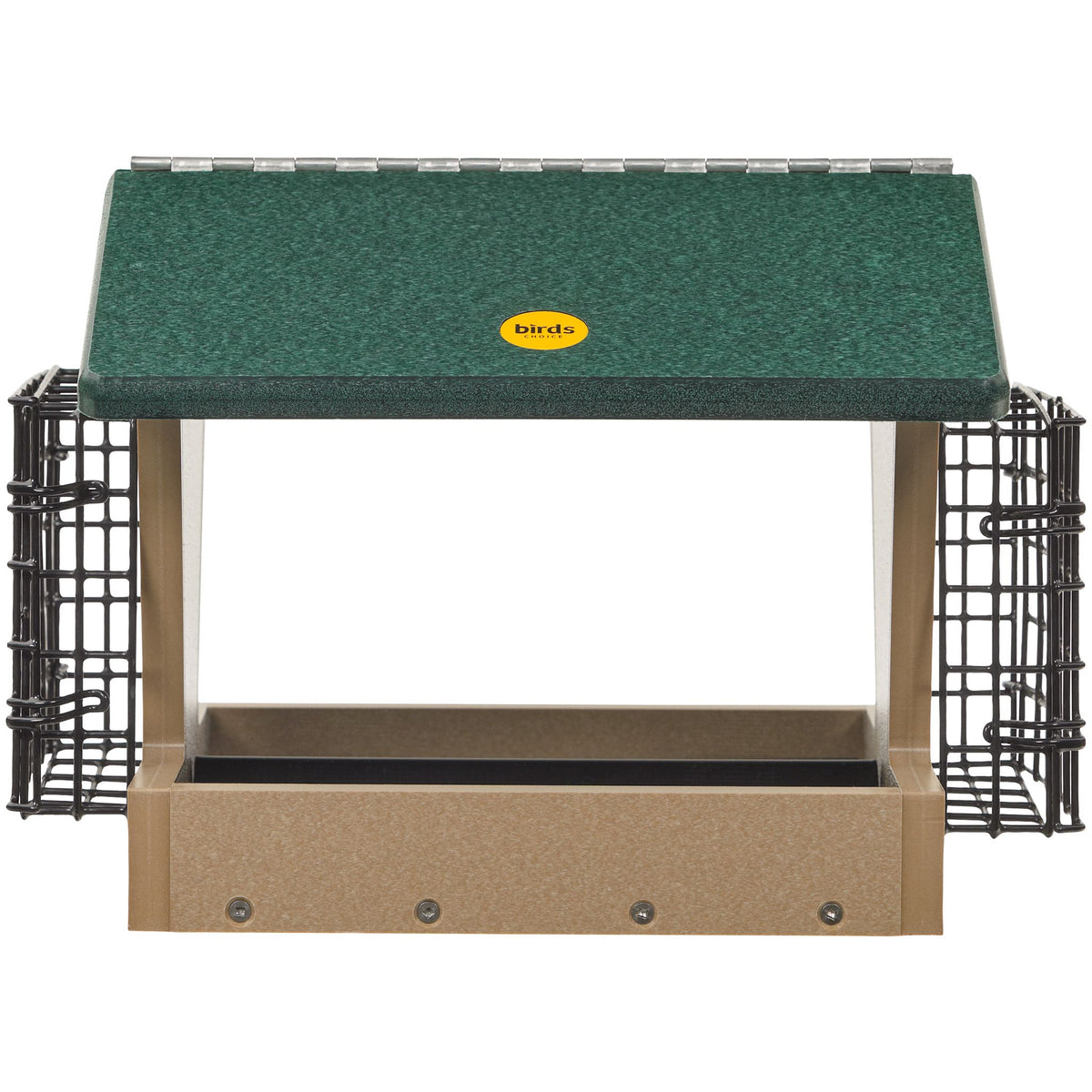 Medium Hopper Bird Feeder with Suet Cages in Taupe and Green Recycled Plastic - Birds Choice