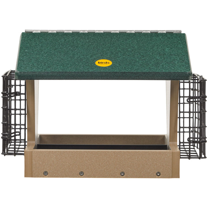 Medium Hopper Bird Feeder with Suet Cages in Taupe and Green Recycled Plastic - Birds Choice