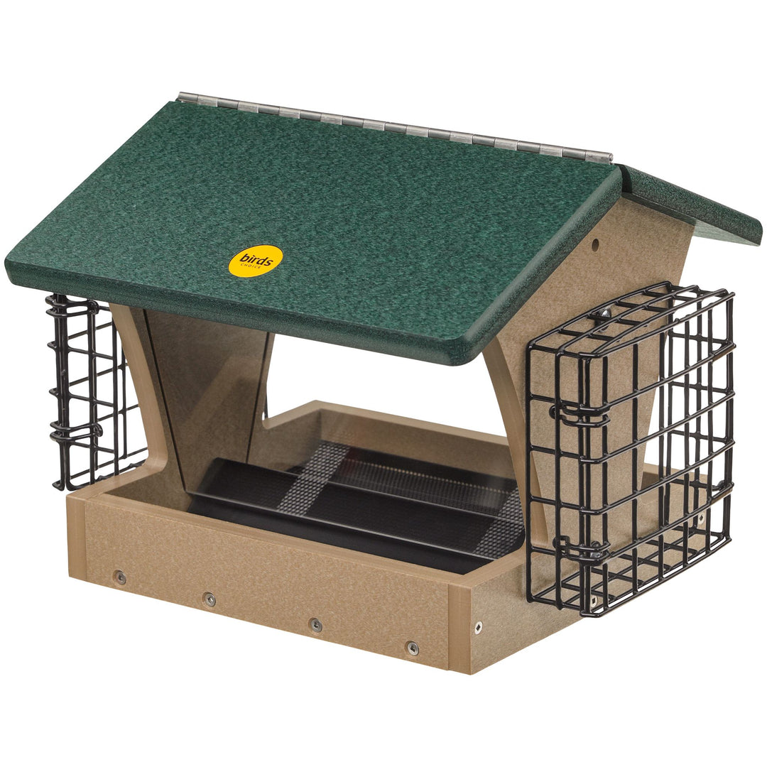 Medium Hopper Bird Feeder with Suet Cages in Taupe and Green Recycled Plastic - Birds Choice