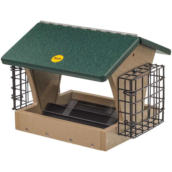 Medium Hopper Bird Feeder with Suet Cages in Taupe and Green Recycled Plastic - Birds Choice