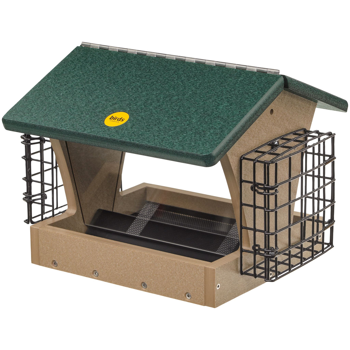Medium Hopper Bird Feeder with Suet Cages in Taupe and Green Recycled Plastic