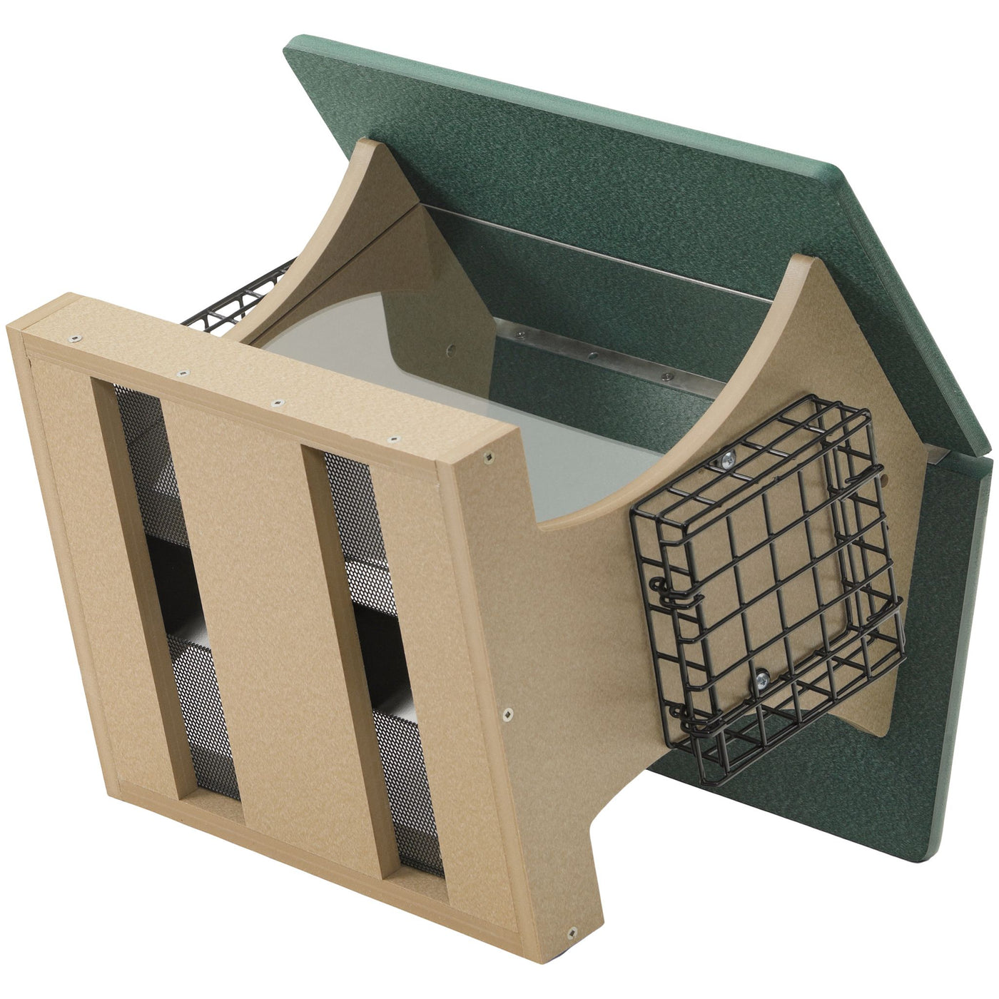 Large Hopper Bird Feeder with Suet Cages in Taupe and Green Recycled Plastic - Birds Choice