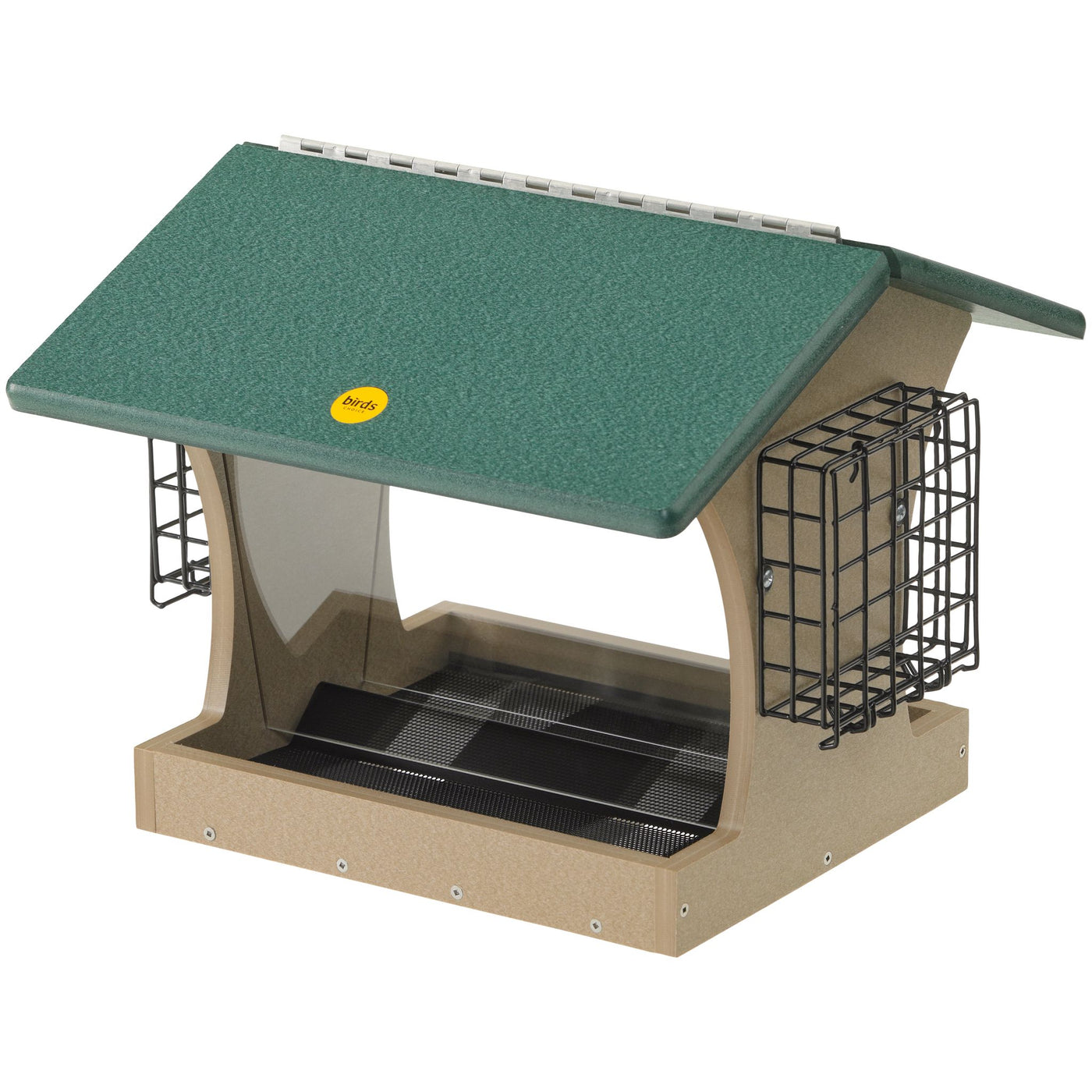 Large Hopper Bird Feeder with Suet Cages in Taupe and Green Recycled Plastic - Birds Choice