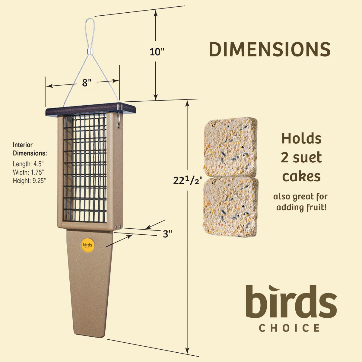 Suet Feeder with Tail Prop for Two Cakes in Taupe and Brown Recycled Plastic - Birds Choice