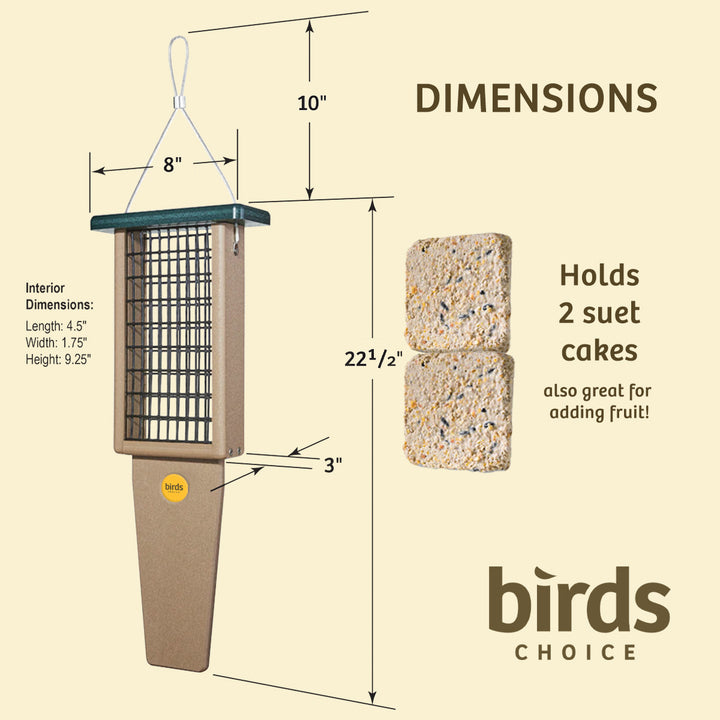Suet Feeder with Tail Prop for Two Cakes in Taupe and Green Recycled Plastic - Birds Choice