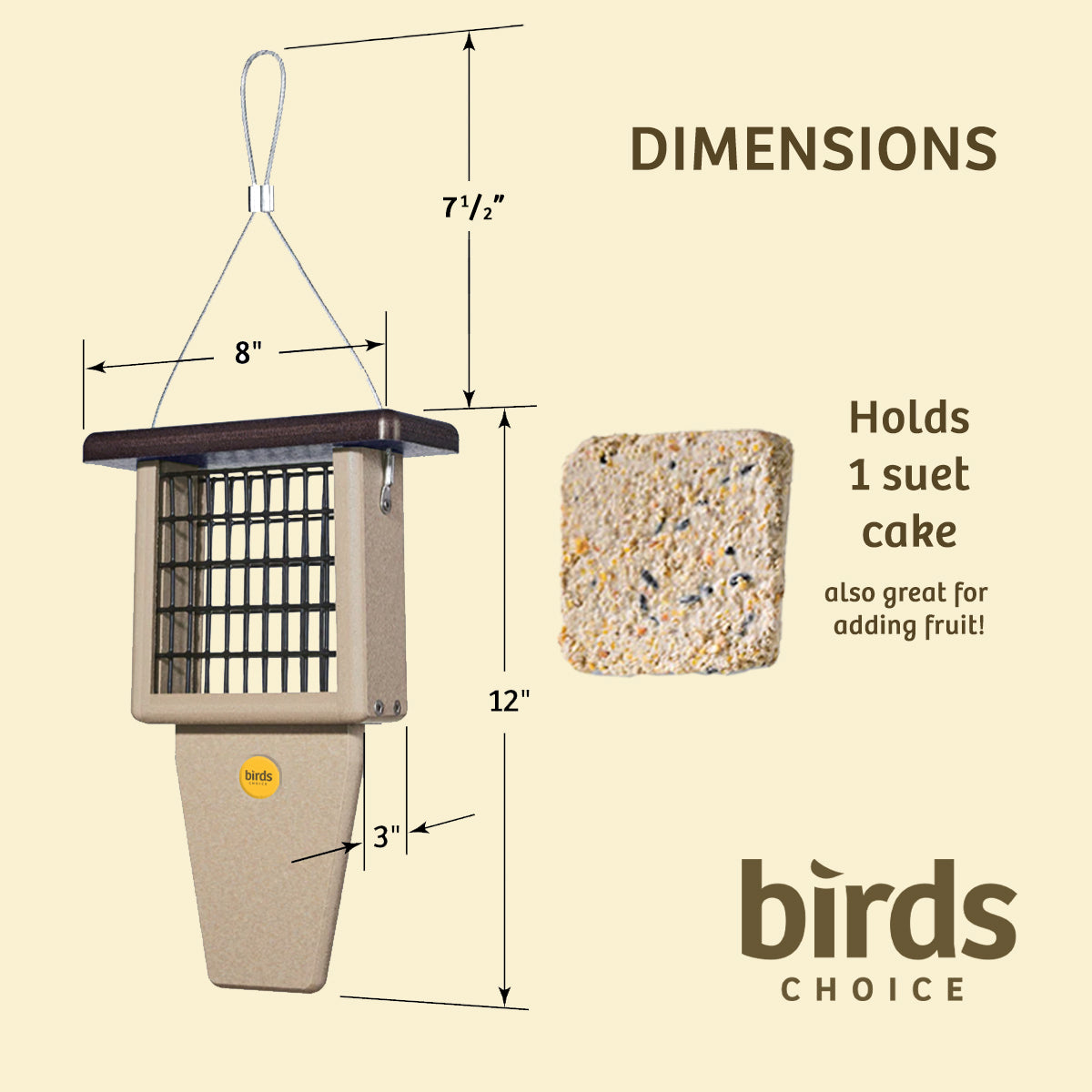 Suet Feeder with Tail Prop for Single Cake in Taupe and Brown Recycled Plastic - Birds Choice