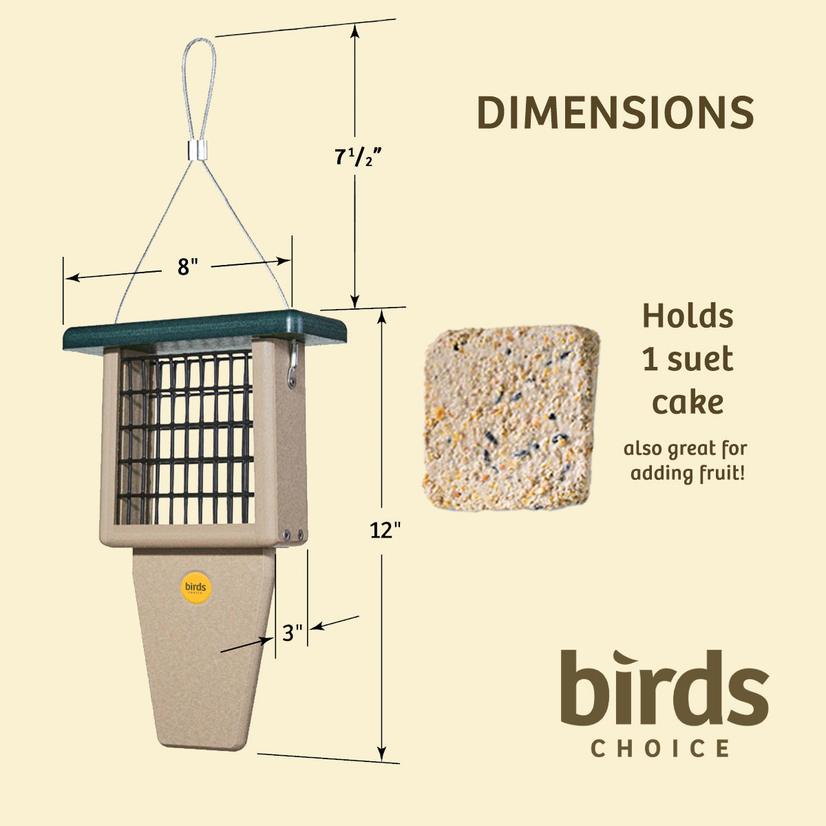 Suet Feeder with Tail Prop for Single Cake in Taupe and Green Recycled Plastic - Birds Choice