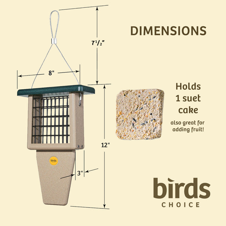 Suet Feeder with Tail Prop for Single Cake in Taupe and Green Recycled Plastic - Birds Choice