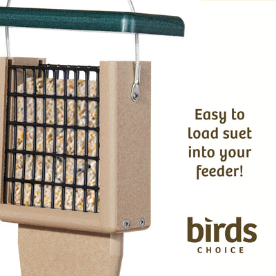 Suet Feeder with Tail Prop for Single Cake in Taupe and Green Recycled Plastic