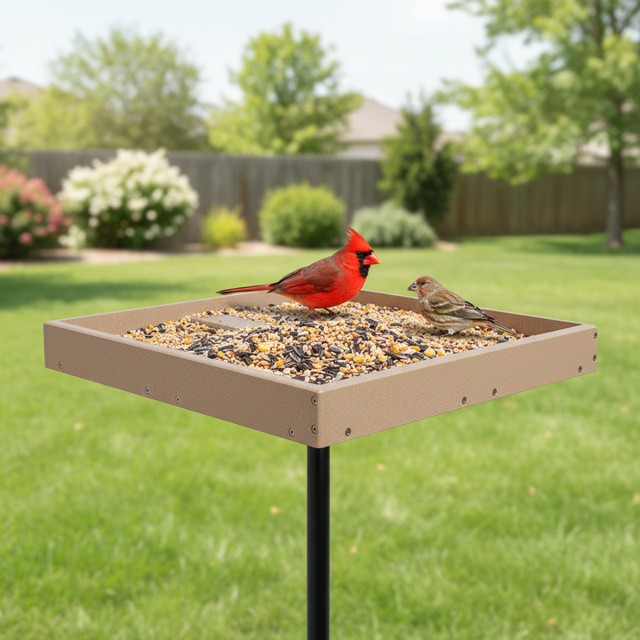 Seed Catcher Platform Bird Feeder Pole Mount in Taupe Recycled Plastic Medium - Birds Choice