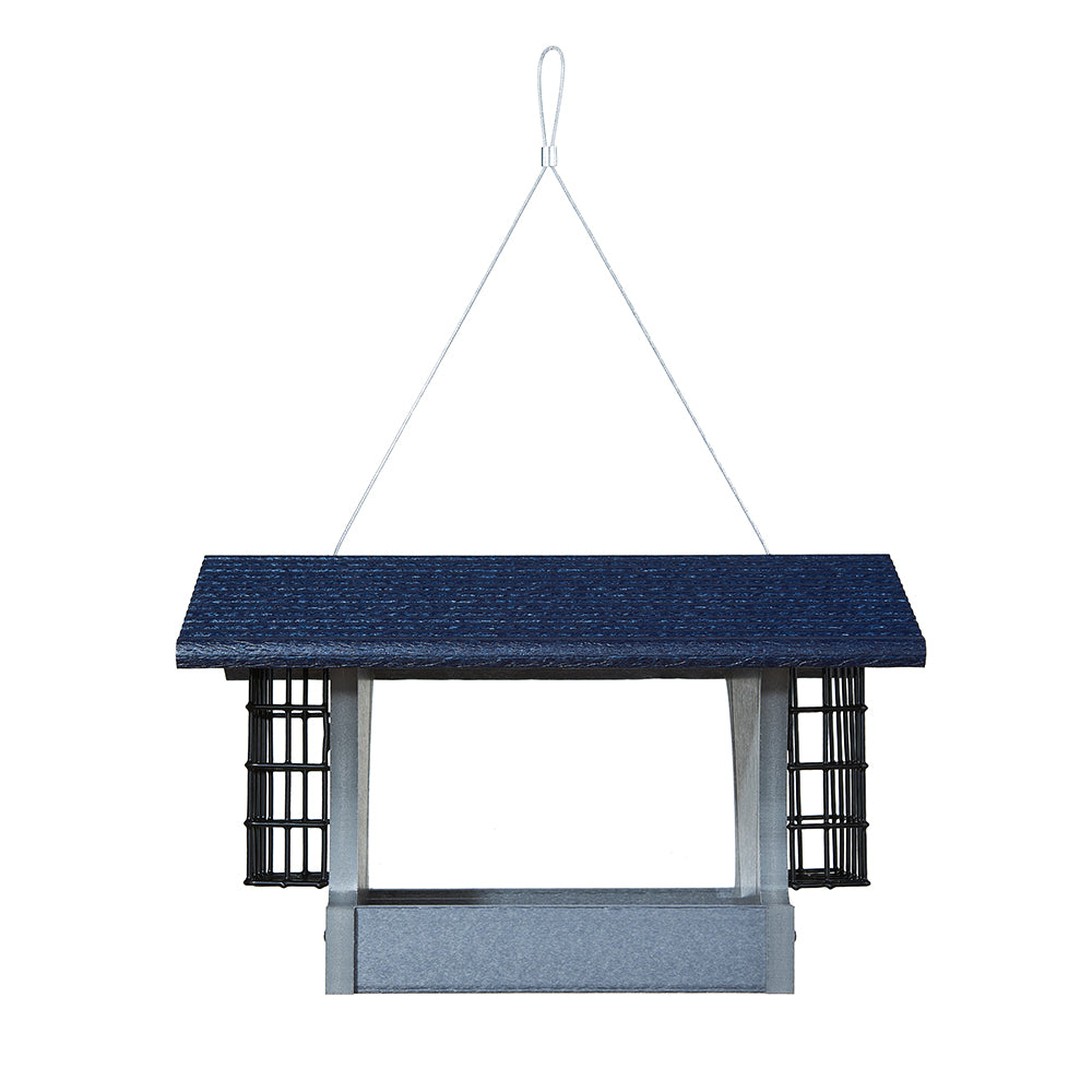 Medium Hopper Bird Feeder with Suet Cages in Gray and Blue Recycled Plastic - Birds Choice