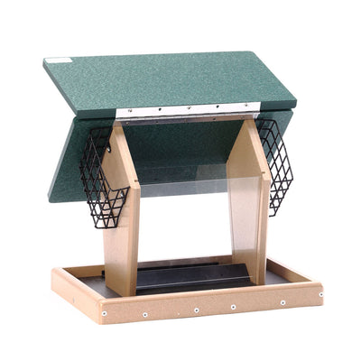Large Hopper Bird Feeder with Angled Suet Cages in Taupe and Green Recycled Plastic - Birds Choice